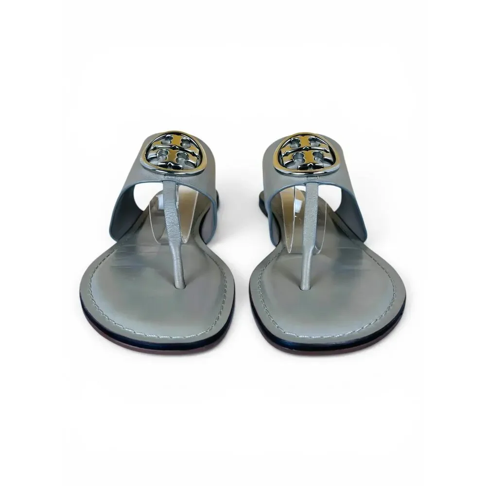 Tory Burch Benton Band Gray Heron Silver Leather Thong Sandals Size 10